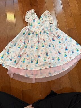 Wildflowers White Unicorn & Castle Print Dress with Pink Tulle